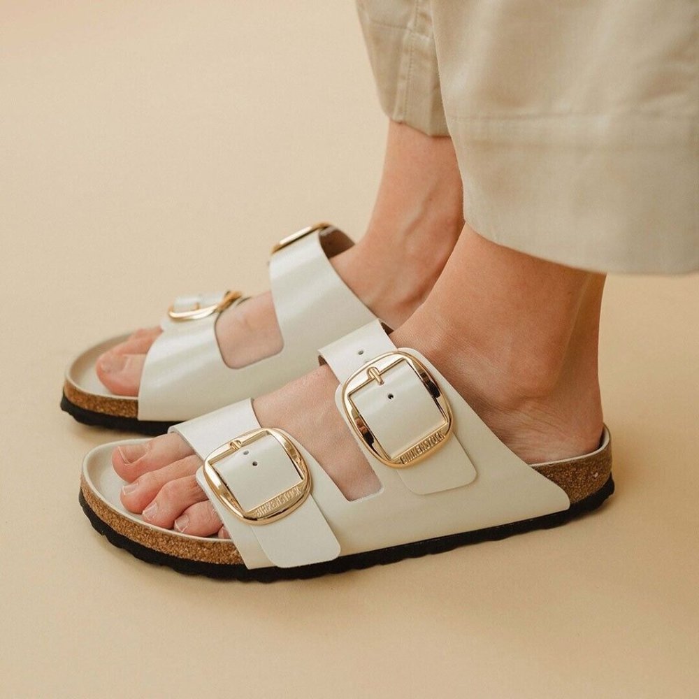 Birkenstock Women's Ecru Cream Buckle Slide Sandals 40
